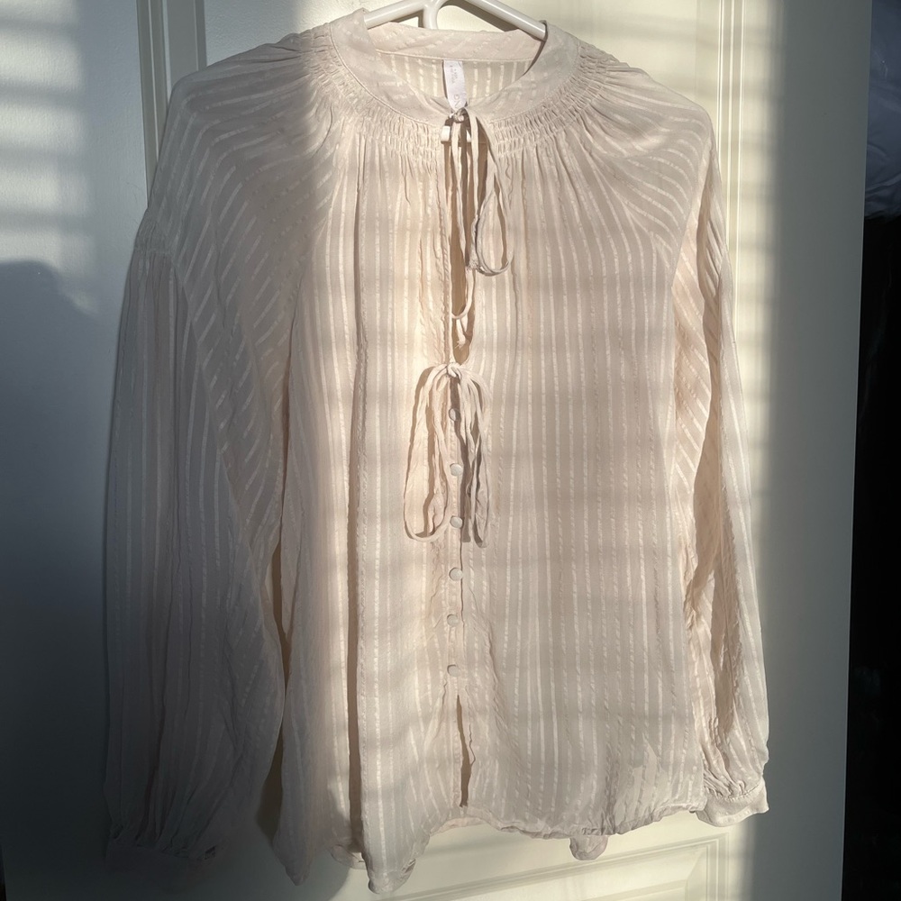 MANGO pleated semi-transparent loose fitting linen blend blouse